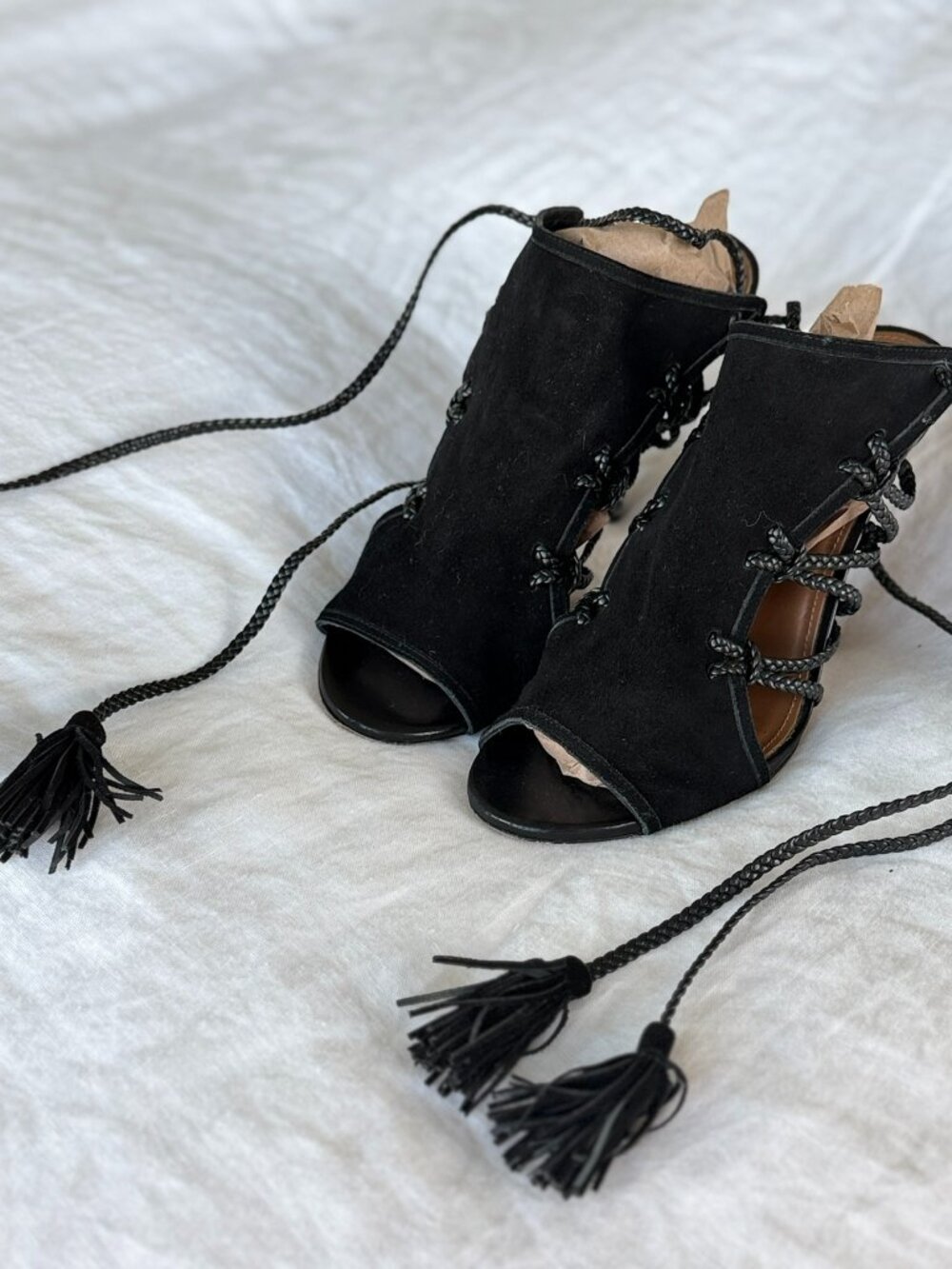 Aquazzura Sexy Black Suede Lace Up Tassel High Heel Sandals Heels 37 US 7 Italy